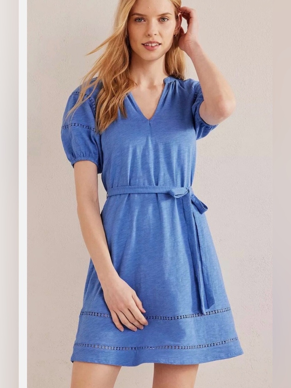 Boden Blue V-Neck Belted Short Sleeve Dress